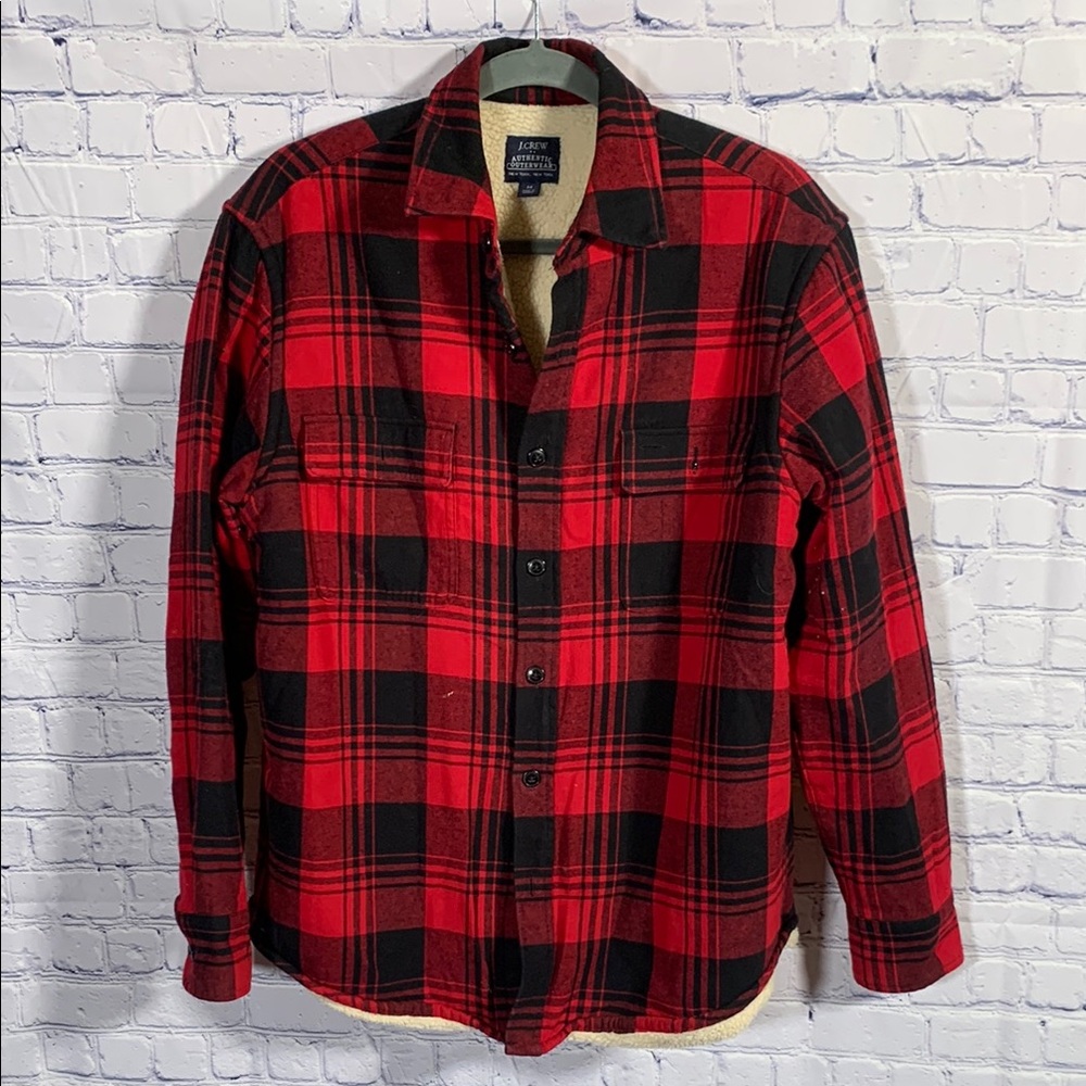 J.Crew Mens Fleece Lined Plaid Button Down Top Shacket Red Sz M Workwear Outdoor